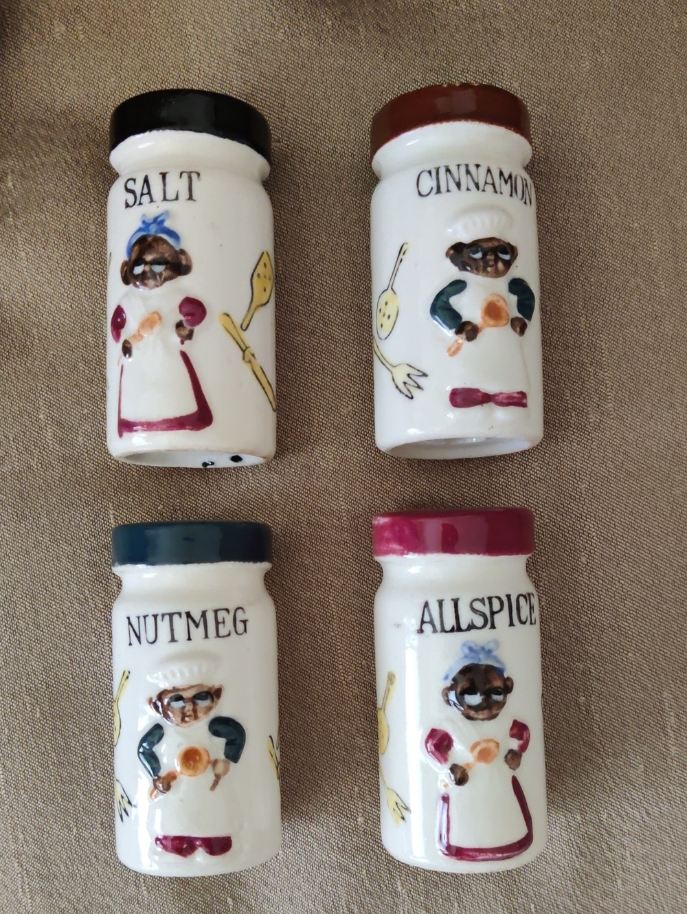 1950s 4 Vintage Black Americana Mammy and Chef Spice Shakers Fred Roberts Co 🥧